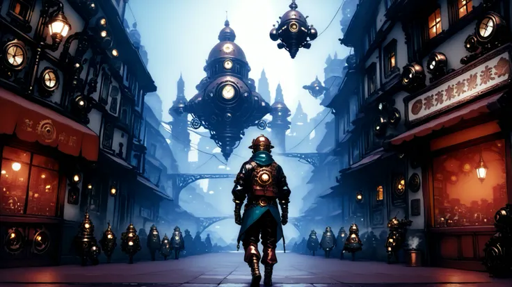 in front view there is a smog effect of pollution in the area near the floor, add people passing by in the background wearing steampunk fashion, add city lights on buildings, steampunk little robot robots hovering around, there's a chandelier light in the ...