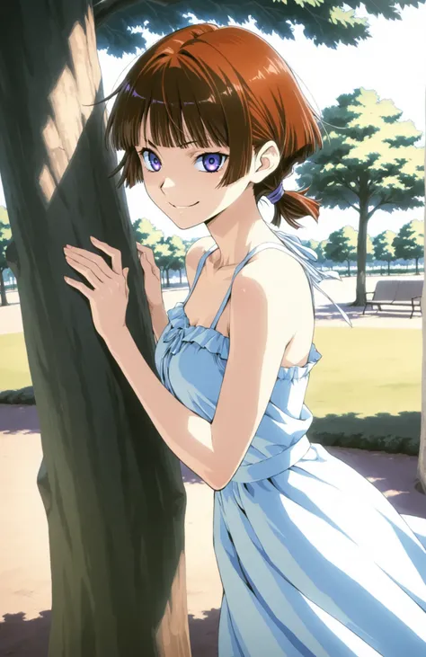 A slender woman with very short red-brown bangs cut at eyebrow level hair tied back, violet eyes, sly smile, wearing a summer dress, outside in a park under a tree, natural lighting, in full view in a highly detailed anime style