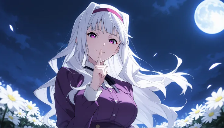 score_9 , score_8_up , score_7_up , source_anime ,1 girl, solo, Shijou Takane, white hair, long hair, purple eyes, headband, smile quietly, (Facing the viewer, view audience), Place index finger over mouth, Hair blowing in the wind, night, In the flower ga...