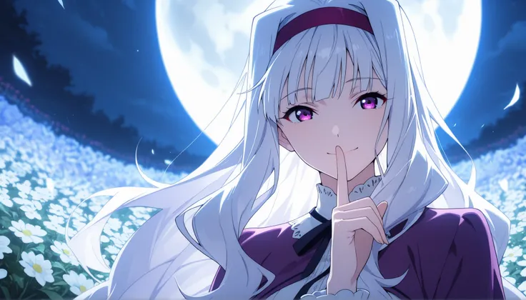 score_9 , score_8_up , score_7_up , source_anime ,1 girl, solo, Shijou Takane, white hair, long hair, purple eyes, headband, smile quietly, (Facing the viewer, view audience), Place index finger over mouth, Hair blowing in the wind, night, In the flower ga...