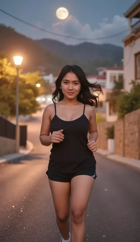 beautiful woman, nighttime jogging, pretty face, long hair, soft expression, running down the street, night atmosphere , lampu jalan, full moon , kabut tipis, digital art, ilustrasi, realistis, 4k, ultra-detail, HDR, warm colors
