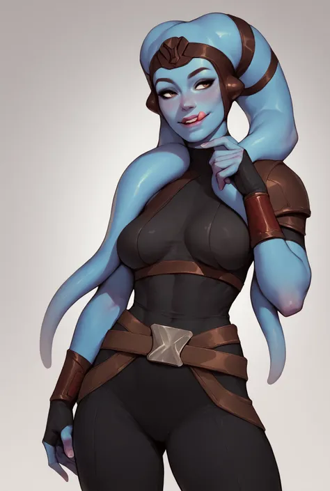 Twi'lek, dark blue skin, medium breasts, licking lips, black bodysuit, shoulderpads, seductive, belt, beckoning viewer closer with finger,