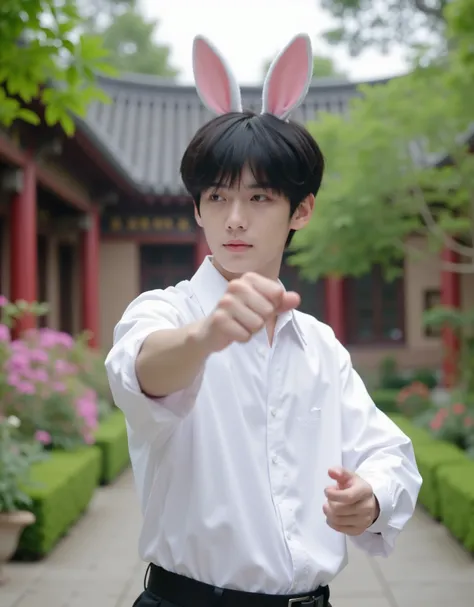 1boy, masterpiece, reality, best quality, Ultra High Resolution, absurd, Japanese boy, young, very handsome, Perfect Face, Black Short Hair, combed hairstyle, shiny hair, bangs, rabbit ears, white shirt, black belt, pale skin, slim body and muscle, Excelle...