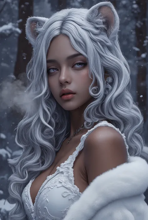 a Masterpiece, zoomed out image of a woman with brown toned skin with very long wavy waist length silver hair that is parted, she has thick diva like hair with curls in the end. Her human striking facial features include sharp cheekbones, juicy lips, and ...
