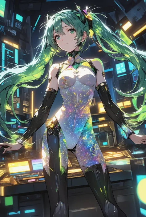 ( masterpiece、 best quality、 best quality、Official Art、 beautiful and moving :1.2) Hatsune Miku、Light Green Double Ponytail, beautiful , ( masterpiece, super detail, Future Fashion, 8,000, Editorial lighting), A futuristic camera floats near her、stun...