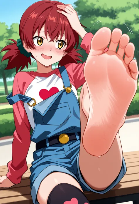 1girl , red hair , yellow eyes , twintails , scrunchie , two-tone shirt , long sleeves , heart print , overalls , shorts , belt , hand on head , nervous smile , blushing , looking to the side , open mouth , outdoors , park , cowboy shot , thighhighs ,  , s...