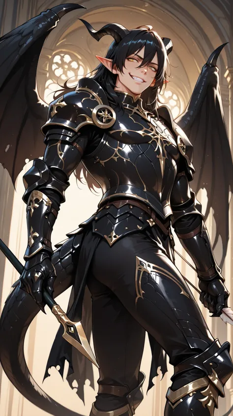 (masterpiece, best quality: 1. 5), highres, 8K, CG, (((Anime))), (1 male), lean body, ((masculine)), (floating in the air), weredragon, japanese anime style, glossy black, shiny black leather, ((beautiful golden eyes, finely detailed eyes, bright eyes, ver...