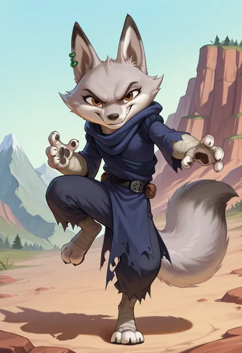 score_9, score_8_up, score_7_up, source_furry, best quality, amazing quality, detailed background, masterpiece, 1girl, looking at viewer, solo, ((hooded blue tunic, baggy trousers, gray bandages, torn clothes, black belt)), zhen, fox girl, fox ears,brown e...
