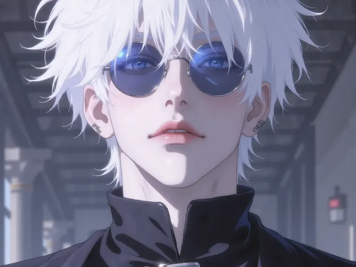 ((점수_9,점수_8_위로)), GOJO SATURO, Portrait of Gojo Satoru from "Jujutsu Kaisen", upper body only, facing forward with a calm and confident expression. White hair, blue sunglasses, wearing a high-collared black uniform. anime style, detailed lighting, soft sha...