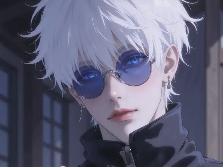 ((점수_9,점수_8_위로)), GOJO SATURO, Portrait of Gojo Satoru from "Jujutsu Kaisen", upper body only, facing forward with a calm and confident expression. White hair, blue sunglasses, wearing a high-collared black uniform. anime style, detailed lighting, soft sha...