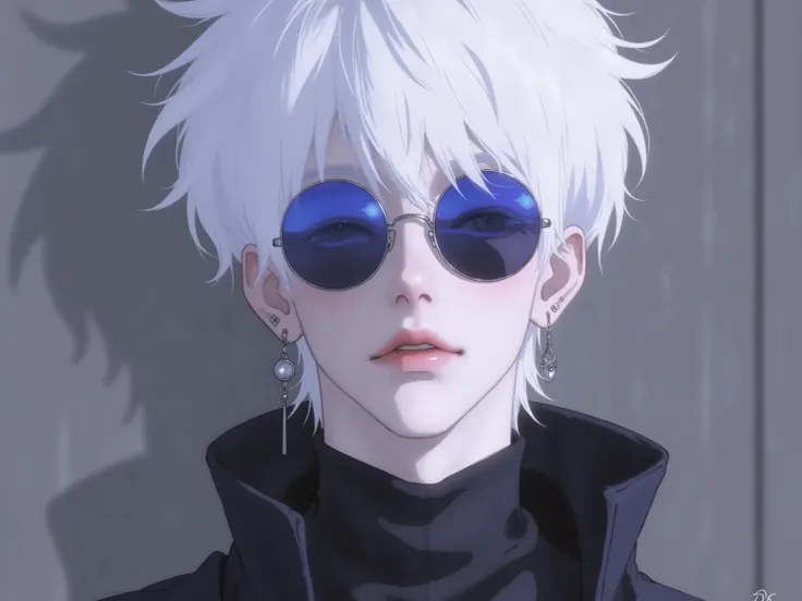 ((점수_9,점수_8_위로)), GOJO SATURO, Portrait of Gojo Satoru from "Jujutsu Kaisen", upper body only, facing forward with a calm and confident expression. White hair, blue sunglasses, wearing a high-collared black uniform. anime style, detailed lighting, soft sha...