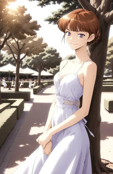 A slender woman with very short red-brown bangs cut at eyebrow level lace braid hair tied back, violet eyes, sly smile, wearing a summer dress, outside in a park under a tree, natural lighting, in full view in a highly detailed anime style