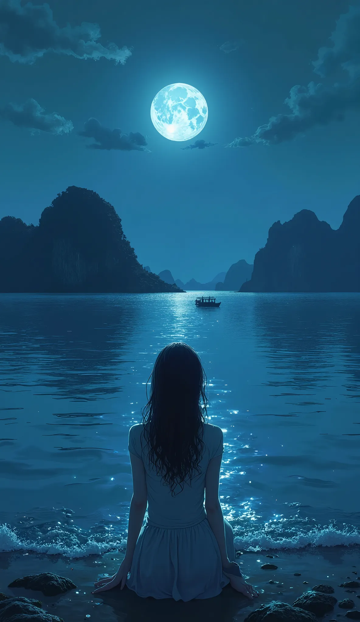 I'm imagining、 Vietnamの night view、Halong Bay、 night viewとともに、 Vietnam、moon明かりで視界が良く良い景色、moon、Bay in front of the sea、quiet night、Digital Illustration、4K high-definition digital art、 night view、 Anime Art 4K Wallpaper 、 Anime Art 4K Wallpaper 、4K det...