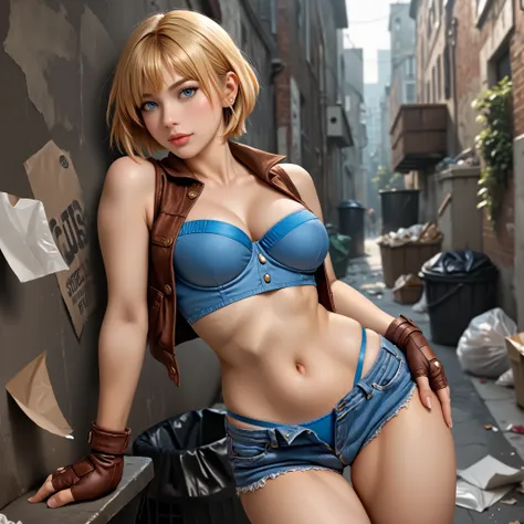 score_9, LuciaSFV, 1girl, short hair, blue denim sports bra, brown vest, brown fingerless gloves, short jeans, low-rise shorts, blue thong straps showing, leaning against a wall, sexy pose, sexy expression, alley of a modern city, place full of trash, seve...