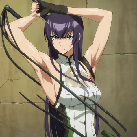 score_9, score_8_up, score_7_up,anime_source, source_anime, best background, detailed background, anime screencap, 4k, upscaled,  Saeko Busujima, main outfit, solo, looking at viewer, weapon, armpits, arms up, whip, whip sword, long hair, purple hair, bang...