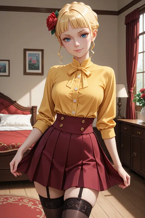 1 girl, beatrice, eyelashes, nose, straight bangs, blue eyes, blonde hair, hair ornament, short hair, flower, hair flower, rose, yellow shirt, buttons, pleated skirt, high stockings, garters, standing, in bedroom, sensual pose, attractive, sensual smile, l...