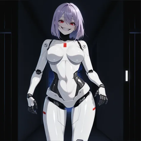 score_9, score_8_up, score_7_up, 1women, solo, solo_focus, "(facing_towards_viewer:1.2), (Sleek_white_feminine_robotic_body_with_black_sections_on_hips: 1.2), , (soft_lavender_WAVY_FLUFFY_bob_hair: 1.2), (head_tilted_super heavily_to_side almost at a 90 de...