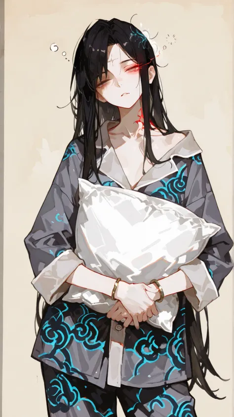  (  masterpiece), ( best quality), ( ultra-fine),(  cool tones ), (1 girl)，ink painting ， 三维ink painting  ，   Minimalist，   Minimalist图形艺术，  best quality，Portrait close-up， 1 Anime Female   ， Gray loose pajamas，（（No bangs on the forehead ））， Long Black Hai...