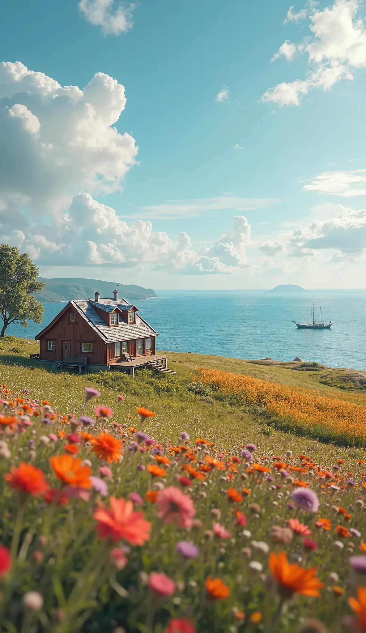 masterpiece、最High Quality、High Quality、 Detailed CG Unity 8K Wallpaper 、 scenery、Admire the prairie、窓の外の scenery、colorful flowers、The ocean beyond the prairie、nature、Scandinavian house facing the ocean、There is a fishing boat、blue sky that seems to pass th...