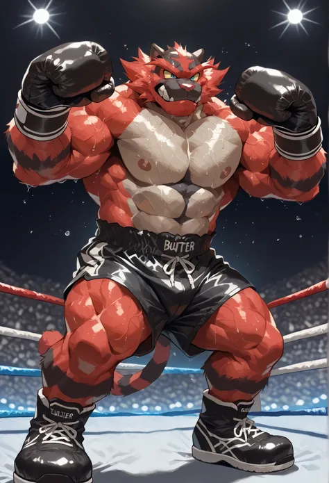 4K, masterpiece quality, pov_boxing, Looking down on the losers with brutal triumph, black boxing shoes, black boxing gloves, black boxing trunks with red side lines, full body, depth of field, boxing, dynamic pose, fist pump pose, boxing ring background a...