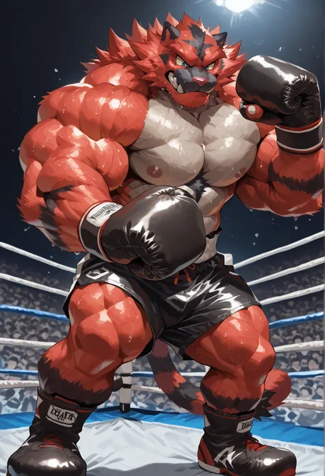 4K, masterpiece quality, pov_boxing, Looking down on the losers with brutal triumph, black boxing shoes, black boxing gloves, black boxing trunks with red side lines, full body, depth of field, boxing, dynamic pose, fist pump pose, boxing ring background a...