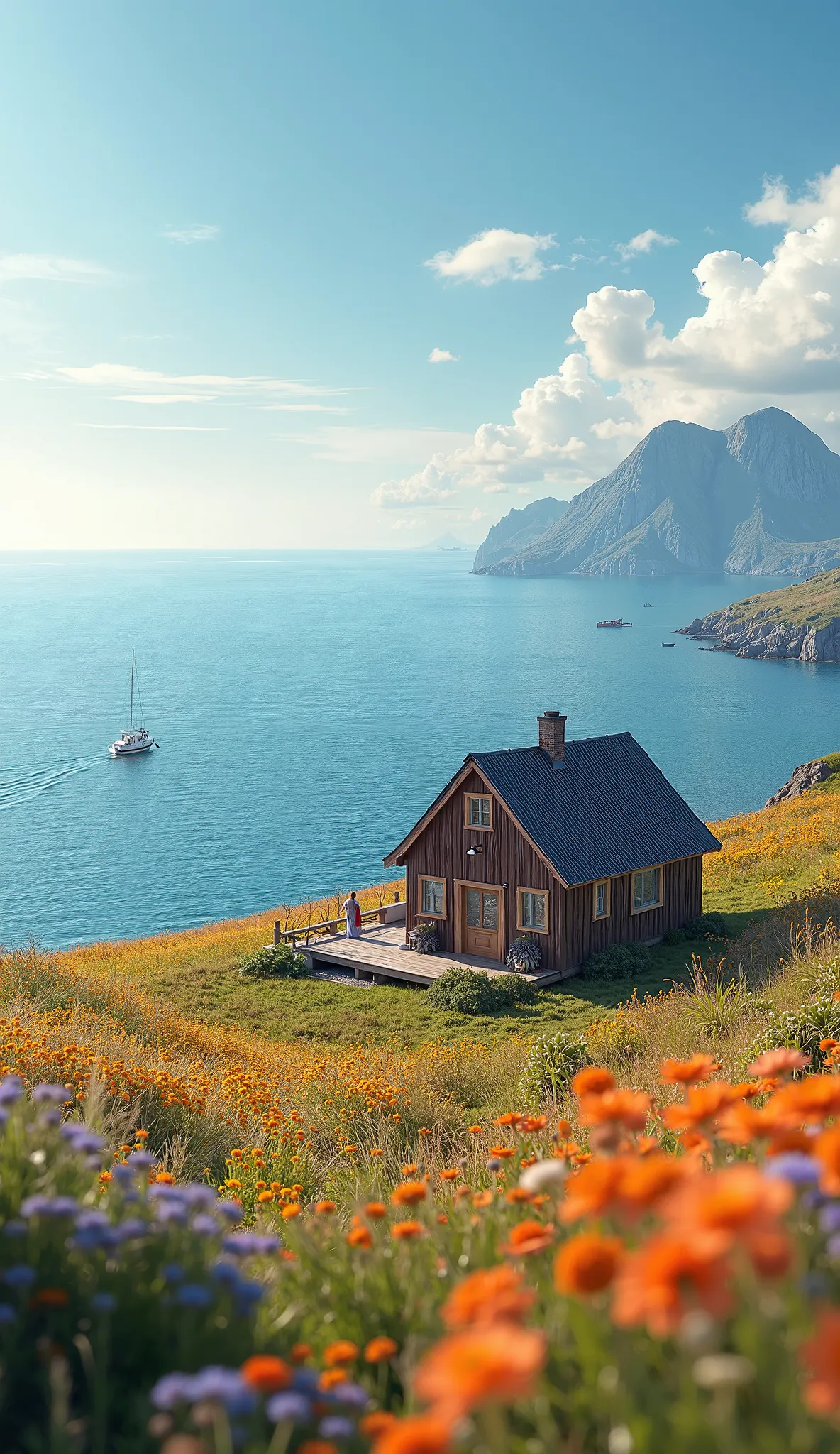 masterpiece、最High Quality、High Quality、 Detailed CG Unity 8K Wallpaper 、 scenery、Admire the prairie、窓の外の scenery、colorful flowers、The ocean beyond the prairie、nature、Scandinavian house facing the ocean、There is a fishing boat、blue sky that seems to pass th...