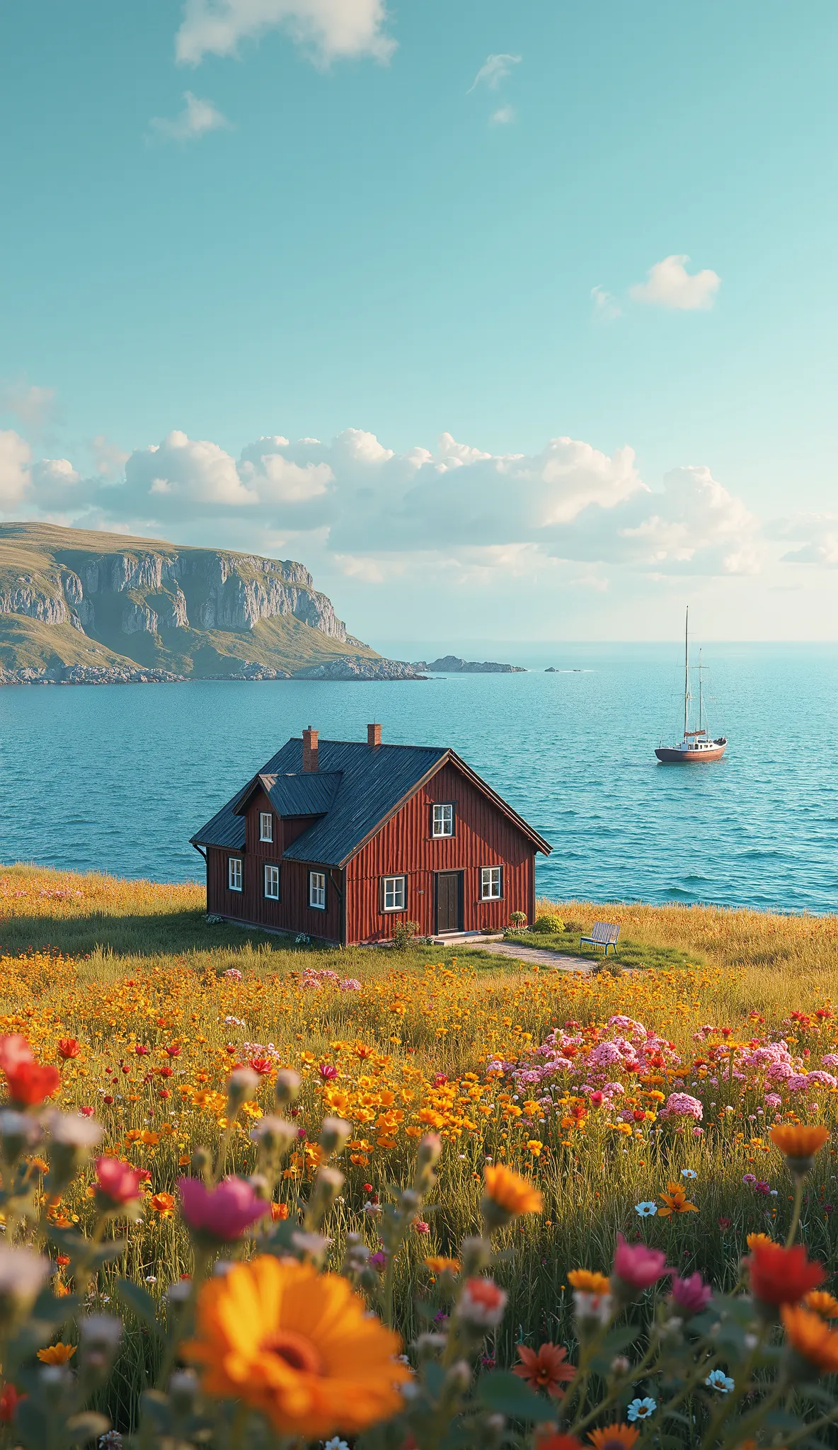 masterpiece、最High Quality、High Quality、 Detailed CG Unity 8K Wallpaper 、 scenery、Admire the prairie、窓の外の scenery、colorful flowers、The ocean beyond the prairie、nature、Scandinavian house facing the ocean、There is a fishing boat、blue sky that seems to pass th...