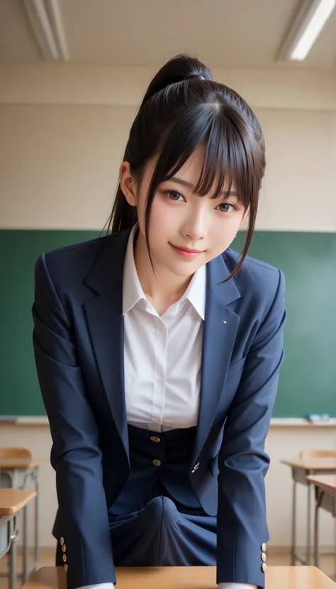 score_9,  score_8_up,  score_7_up, super detailed,  BREAK Complete Anatomy   , 32K,  masterpiece ,  best quality, super high definition ,  beautiful face and eye details flooded the classroom,  beautiful Japanese woman  ,  black hair,  ponytail,smile,stea...