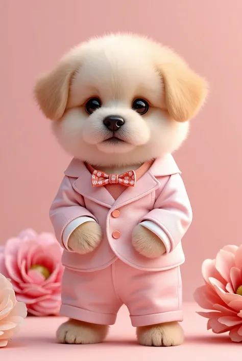 A cute puppy in a formal pastel suit for the New Year becomes a model、 For You 、 stylish、 intricate details 、 high res 、 Taste of 3D 、 rendering、Extremely complex colors 、 bright professional lighting、masterpiece、 simple background、Ceremony flow...