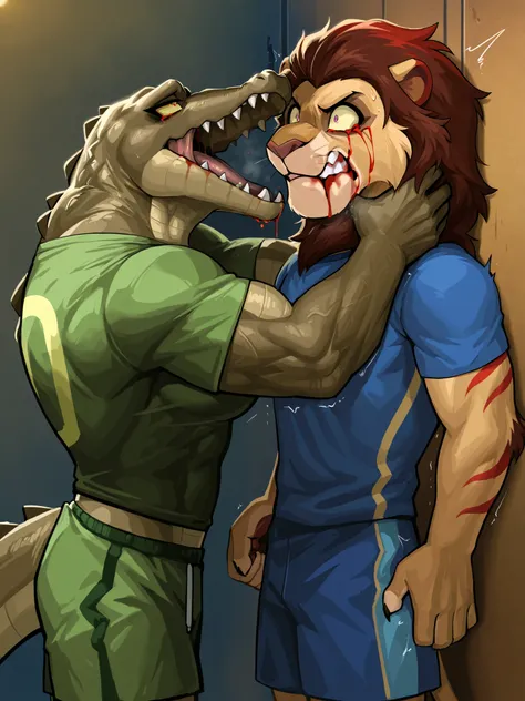 A muscular anthropomorphic crocodile in a plain green sports t-shirt with faded green accents on the sleeves is intimidating a muscular anthropomorphic lion wearing a blue t-shirt with bright red stripes on the waist. The crocodile is holding the lion's ne...