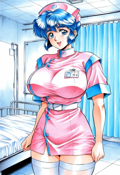 Score_9, score_8_up, score_7_up, source_anime, Mamiya_Chisato(Nonomura_Hospital_PC98), 1girl, solo, blue hair, blue eyes, short hair, thick eyebrows, huge breasts, (best quality), (high quality), {masterpiece}, extremely delicate and beautiful, ultra-detai...