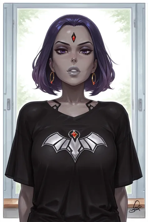 master piece, high quality, 4k uhd,hires,solo,raven from dc, grey lips, grey skin,two tone purple hair, oversized loose t-shirt