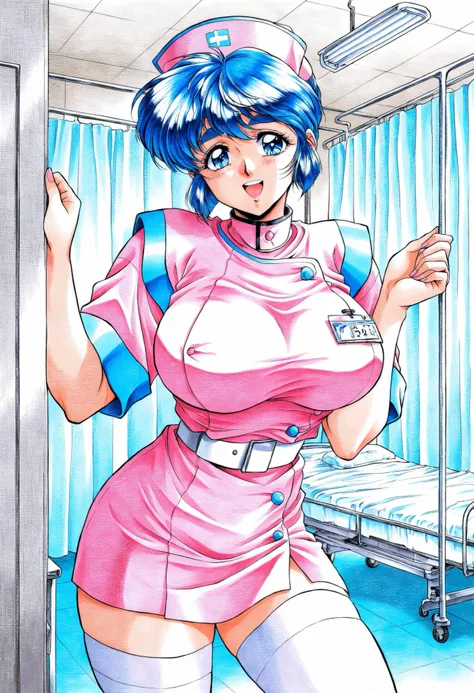 Score_9, score_8_up, score_7_up, source_anime, Mamiya_Chisato(Nonomura_Hospital_PC98), 1girl, solo, blue hair, blue eyes, short hair, thick eyebrows, huge breasts, (best quality), (high quality), {masterpiece}, extremely delicate and beautiful, ultra-detai...
