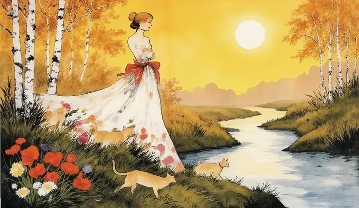 Art style by Albena Vatcheva.. Stylized figures . ethereal woman, wearing a wide skirt with flower and leaf motifs, walks over the waters of a river, on the banks of the river, light brown cats with red collars walk. No fundo, Mustard yellow sun, colinas,...