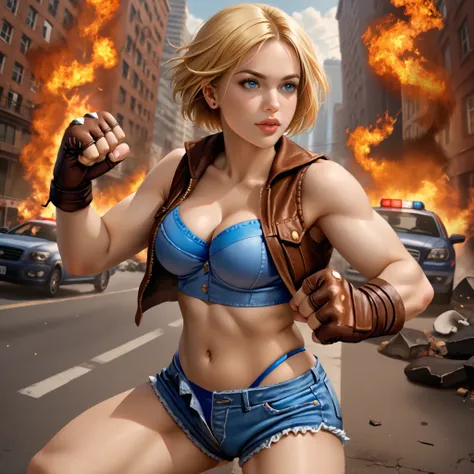 score_9, LuciaSFV, 1girl, short hair, blonde, voluptuous and sensual body, big breasts, big ass, blue denim sports bra, brown vest, brown fingerless gloves, short jeans, low-rise shorts, blue thong straps showing, fighting position, expression of rage, str...