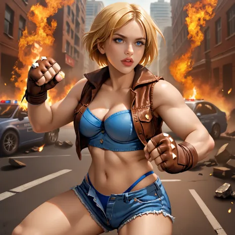 score_9, LuciaSFV, 1girl, short hair, blonde, voluptuous and sensual body, big breasts, big ass, blue denim sports bra, brown vest, brown fingerless gloves, short jeans, low-rise shorts, blue thong straps showing, fighting position, expression of rage, str...