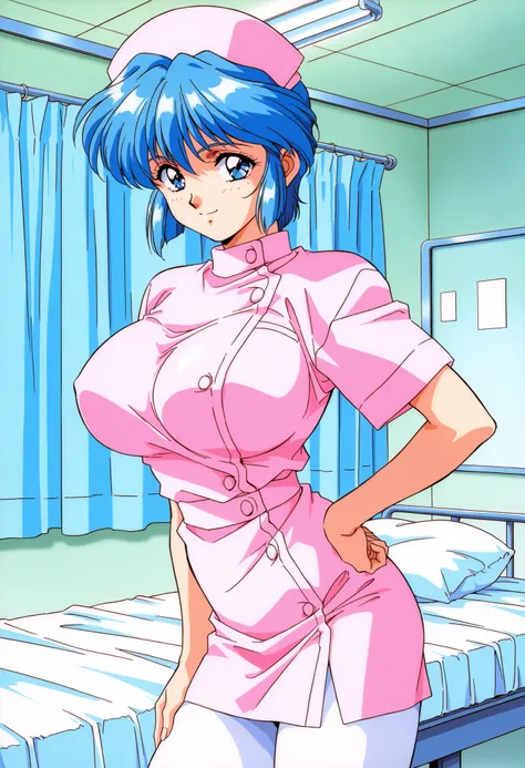 Score_9, score_8_up, score_7_up, source_anime, Mamiya_Chisato_OVA, 1girl, solo, blue hair, short hair, blue eyes, 1990s (style), huge breasts, bangs, (best quality), (high quality), {masterpiece}, extremely delicate and beautiful, ultra-detailed, beautiful...