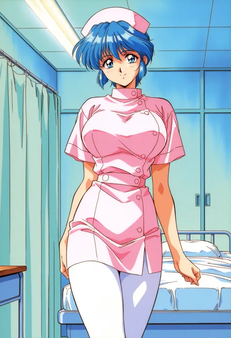 Score_9, score_8_up, score_7_up, source_anime, Mamiya_Chisato_OVA, 1girl, solo, blue hair, short hair, blue eyes, 1990s (style), huge breasts, bangs, (best quality), (high quality), {masterpiece}, extremely delicate and beautiful, ultra-detailed, beautiful...