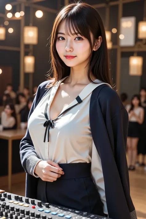firm breast, cleavage, by adjusting the framing so the subject's full head is visible within the composition, a highly detailed and realistic digital illustration of a female character in a stylized military-inspired fantasy outfit, realistic high-resoluti...