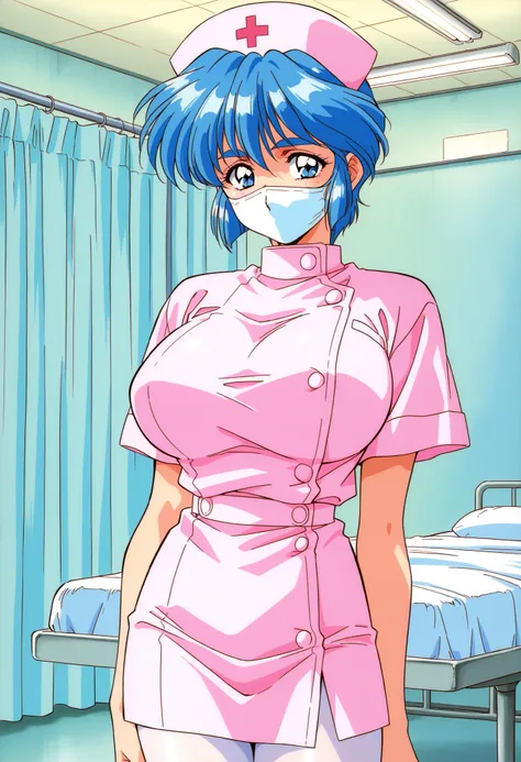 Score_9, score_8_up, score_7_up, source_anime, Mamiya_Chisato_OVA, 1girl, solo, blue hair, short hair, blue eyes, thick eyebrows, 1990s (style), huge breasts, bangs, (best quality), (high quality), {masterpiece}, extremely delicate and beautiful, ultra-det...
