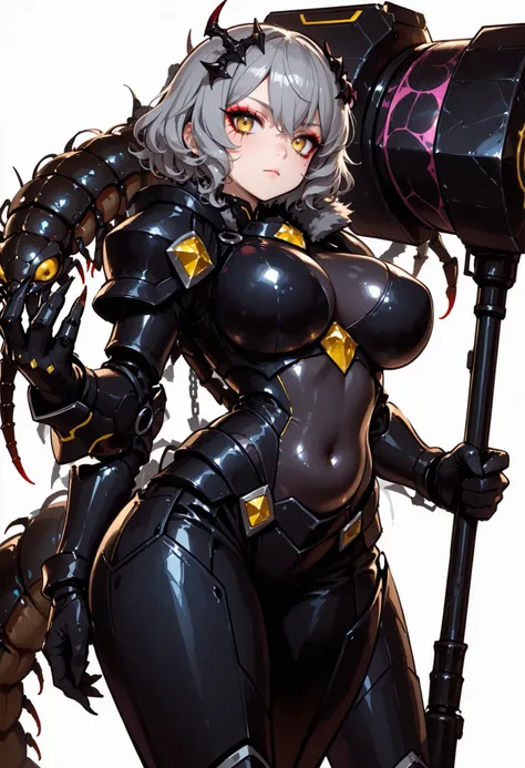A Light armor woman. Grey hair. Short bob hair. Wavy hair. Spiky hair accessory. Yellow eyes. Spider web eyeshadow. Black armor. Spiky. Scorpion motif armor. Large breasts. Belly button. Holding a weapon. Large hammer. Weapon hammer. Sharp claws. Armored a...