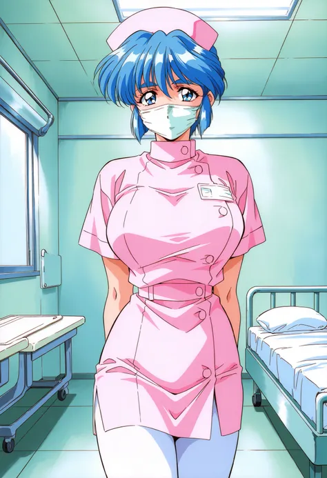 Score_9, score_8_up, score_7_up, source_anime, Mamiya_Chisato_OVA, 1girl, solo, blue hair, short hair, blue eyes, thick eyebrows, 1990s (style), huge breasts, bangs, (best quality), (high quality), {masterpiece}, extremely delicate and beautiful, ultra-det...