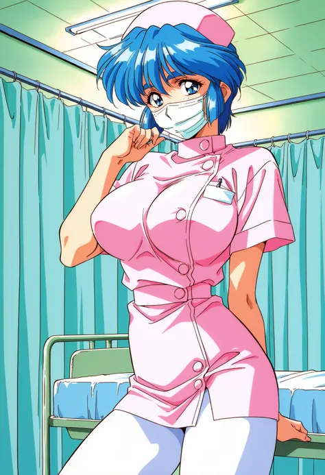Score_9, score_8_up, score_7_up, source_anime, Mamiya_Chisato_OVA, 1girl, solo, blue hair, short hair, blue eyes, thick eyebrows, 1990s (style), huge breasts, bangs, (best quality), (high quality), {masterpiece}, extremely delicate and beautiful, ultra-det...