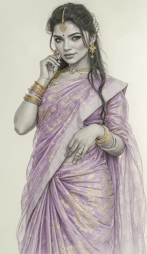 Create a stunning portrait color sketch of a INDIAN DULHAN WOMAN with delicate features, rendered in graphite pencil medium, set against a soft, creamy white background that subtly gradates to a light gray towards the edges, , leaving a slim border around...
