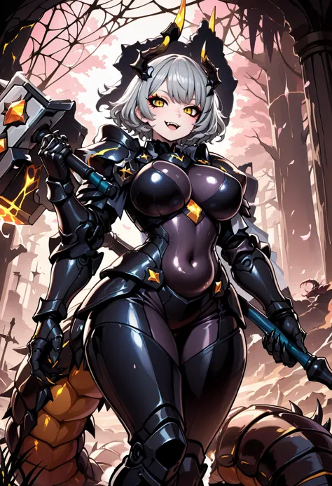 Light armor woman. Grey hair. Short bob hair. Wavy hair. Spiky hair accessory. Yellow eyes. Spider web eyeshadow. Black armor. Spiky. Scorpion motif armor. Large breasts. Belly button. Holding a weapon. Large hammer. Weapon hammer. Sharp claws. Armored ar...