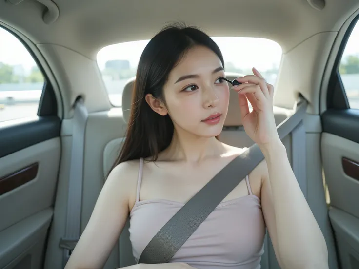 A beautiful Japanese woman sitting in the backseat of a car, viewed from the front. She is applying eyelash mascara with a calm and focused expression. She wears a seatbelt that runs between her noticeably full breasts, subtly emphasizing her cleavage. Her...