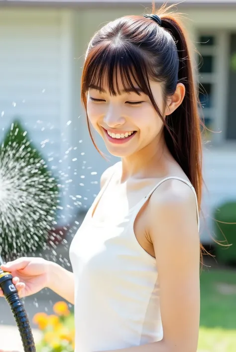 Create a photo collection featuring a beautiful Japanese idol girl with fair skin. She has long straight hair styled in a ponytail with bangs. She is wearing a pristine white dress. The background includes a white house with white walls and a flowerbed. Th...