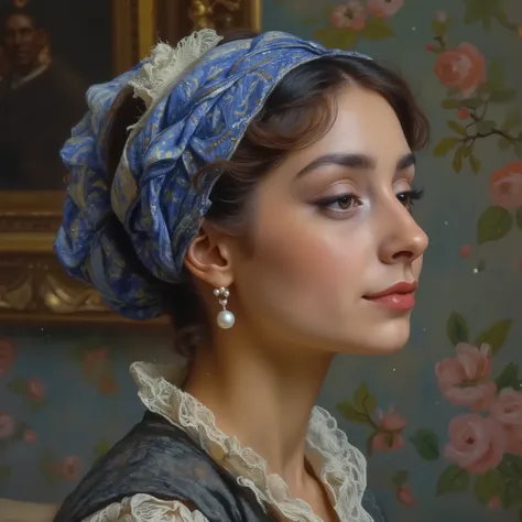 Tight frame captures her ivory profile, Animal Butler, looking up, headwrap’s cobalt spirals dissolving into a dreamlike wash of William Morris-style florals. Animal Butler, Lorek’s hyperrealism renders each pore luminous; pearls nestle at her throat like ...