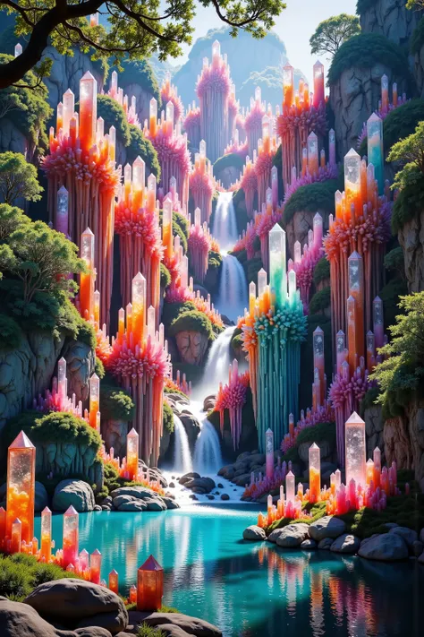 A cliff that is 300 feet tall made up of gigantic and translucent quartz crystal points that are multicolored pillars in a tropical rainforest. In the middle of these skyscraper sized quartz crystals is an incredible gushing, cascading waterfall that pours...