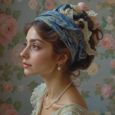 Tight frame captures her ivory profile, Animal Butler, looking up, headwrap’s cobalt spirals dissolving into a dreamlike wash of William Morris-style florals. Animal Butler, Lorek’s hyperrealism renders each pore luminous; pearls nestle at her throat like ...